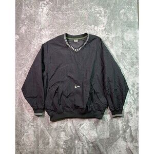 Vtg 90s Nike Swoosh Mens XL Windbreaker Black Pullover Center Swoosh Pockets